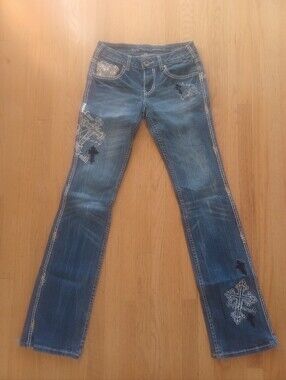 🩶✝️🐴💙COWGIRL TUFF UNBELIEVABLE CROSS SEQUIN BOOTCUT JEANS 27×35